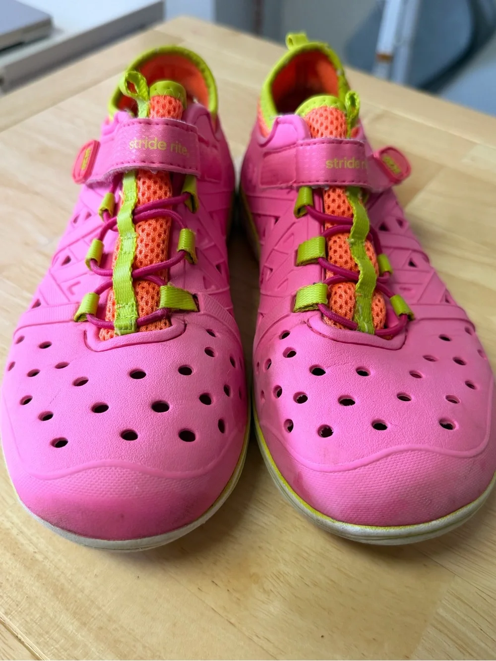 Stride Rite Made2Play Phibian pink water shoes with bright green and orange 3